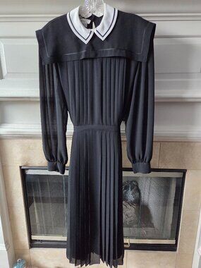 VINTAGE Pierre Cardin 1980s Black Pleated Midi Dress Size Small